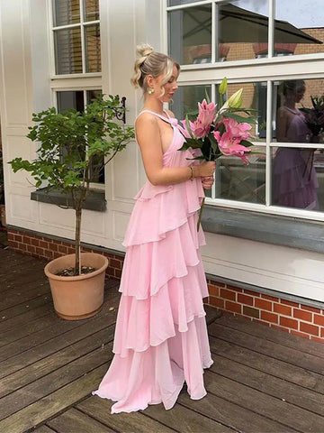 A line Halter Chiffon floor-length pink prom dresses SD1480